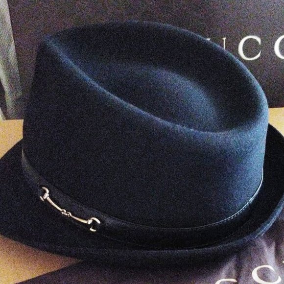 Gucci Rabbit Felt and Leather Fedora Hat in Black with Gold Horsebit, Sz Med NWT - Picture 2 of 5